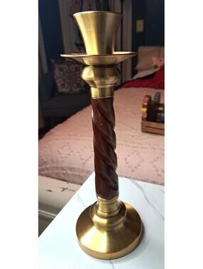 Vintage Brass and Cherry Wood Barley Twist LG Candlestick